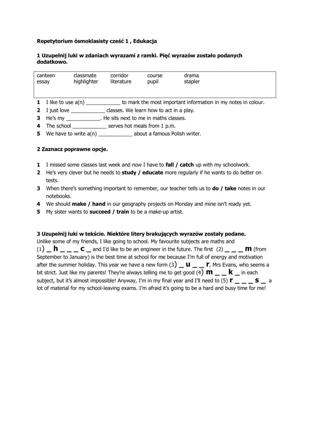Repetytorium ósmoklasisty część 1 unit 3 edukacja słownictwo