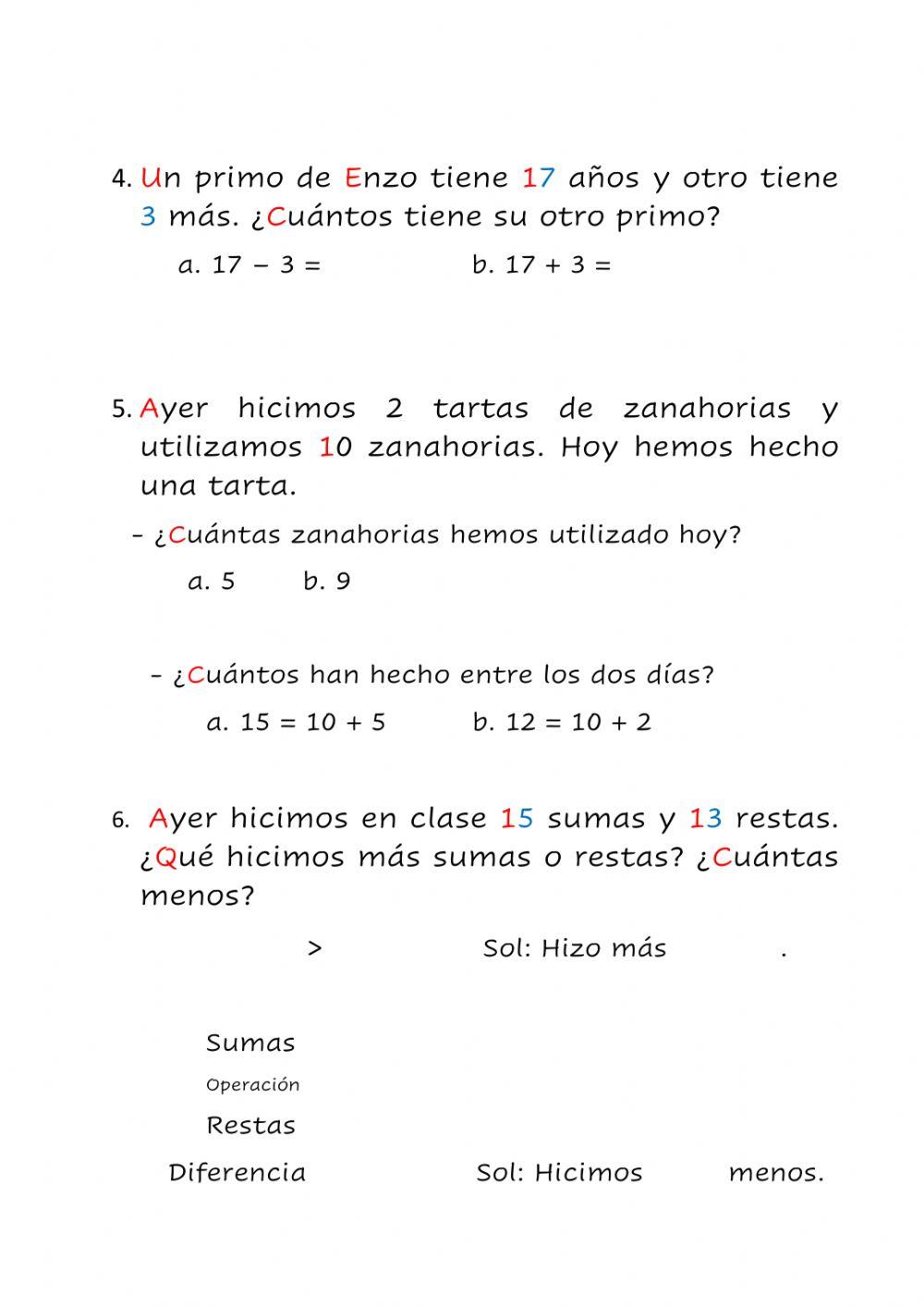 E.P. de sumar y restar para primero