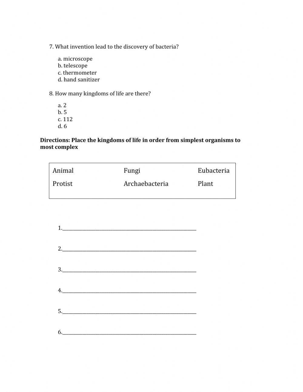 Kingdoms of Life Test