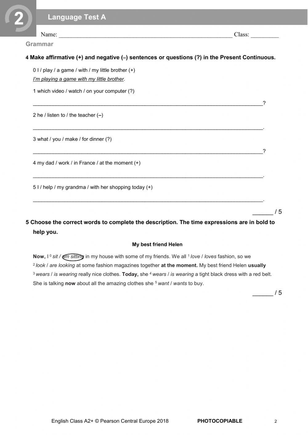 English Class A2+ unit 2 test (kl 7) online exercise for | Live Worksheets