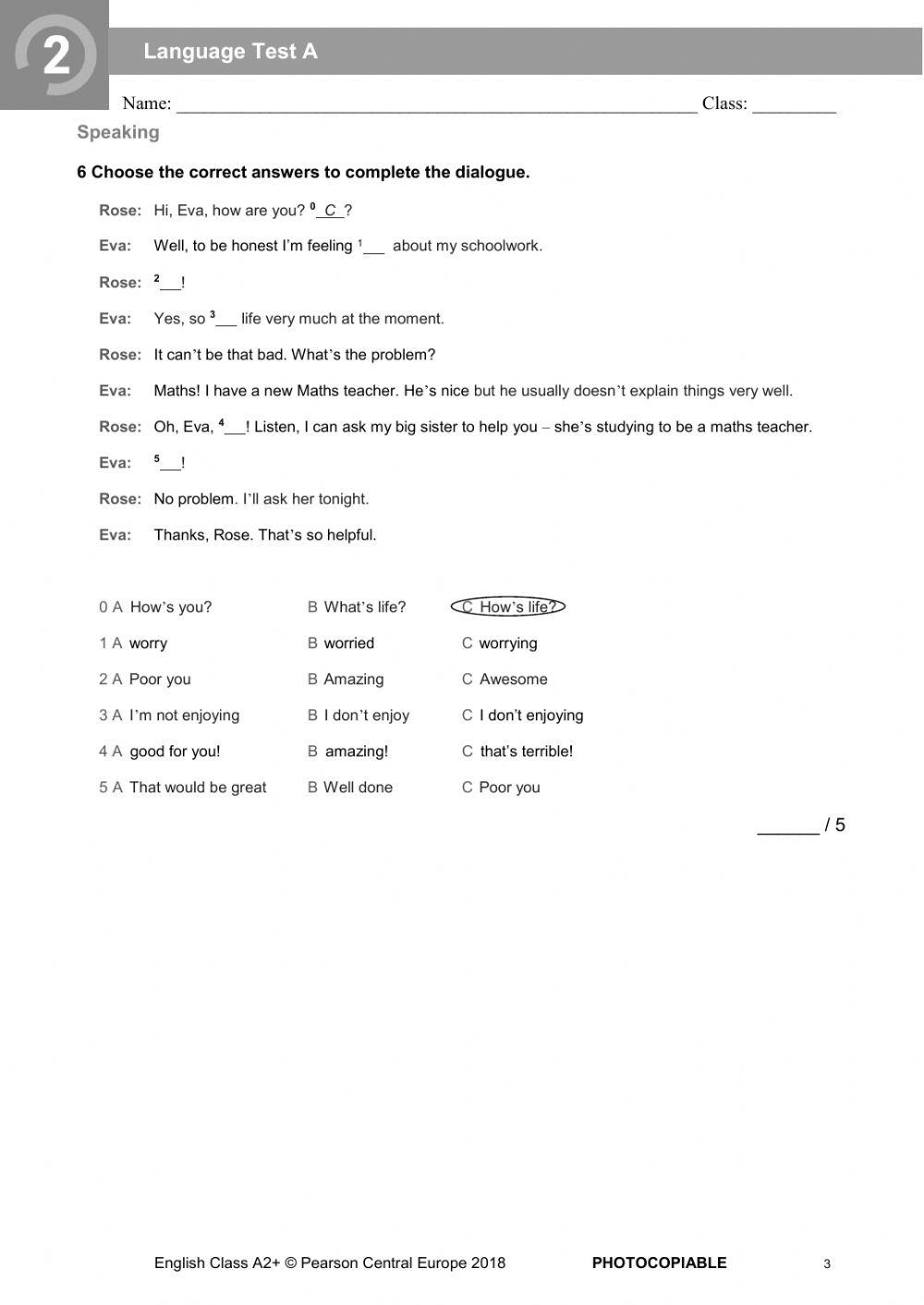 English Class A2+ unit 2 test (kl 7) online exercise for | Live Worksheets