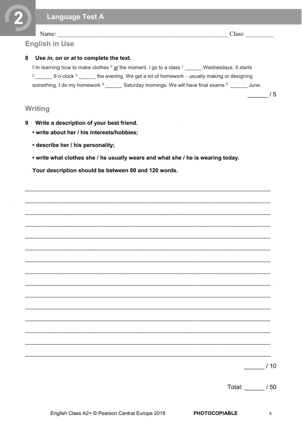 English Class A2+ unit 2 test (kl 7) online exercise for | Live Worksheets