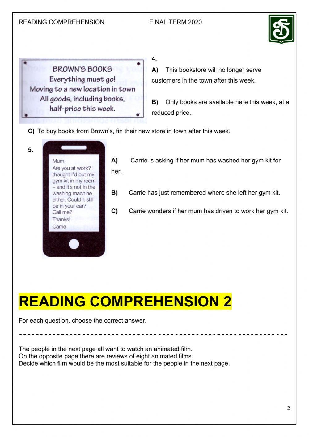 Reading Comprehension A - Final Term - Level 2