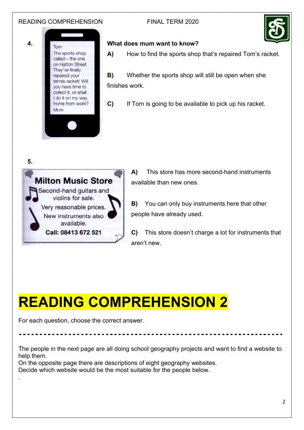 Reading Comprehension B - Final Term - Level 2