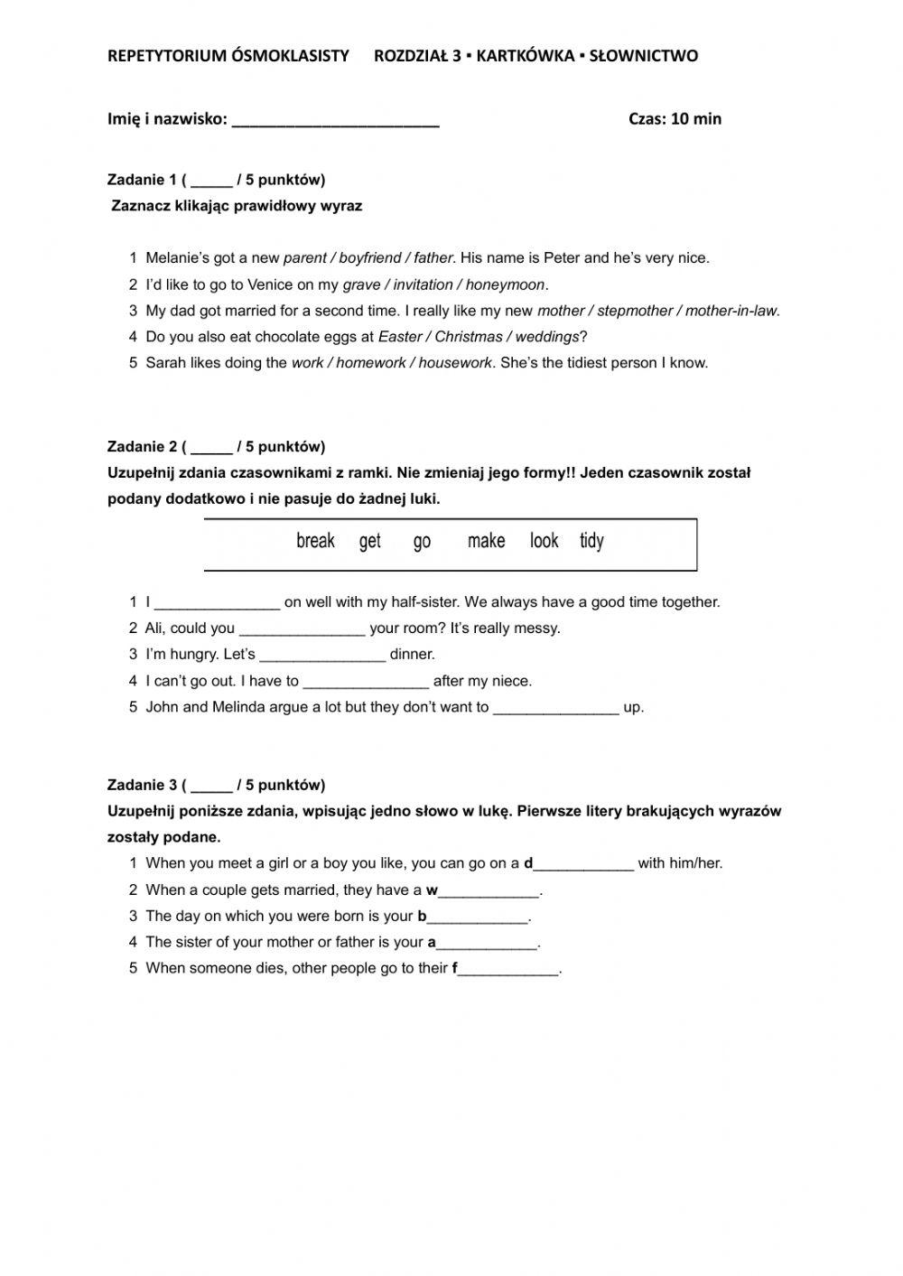 Repetytorium ósmoklasisty rozdział 3  kartkówka słownictwo