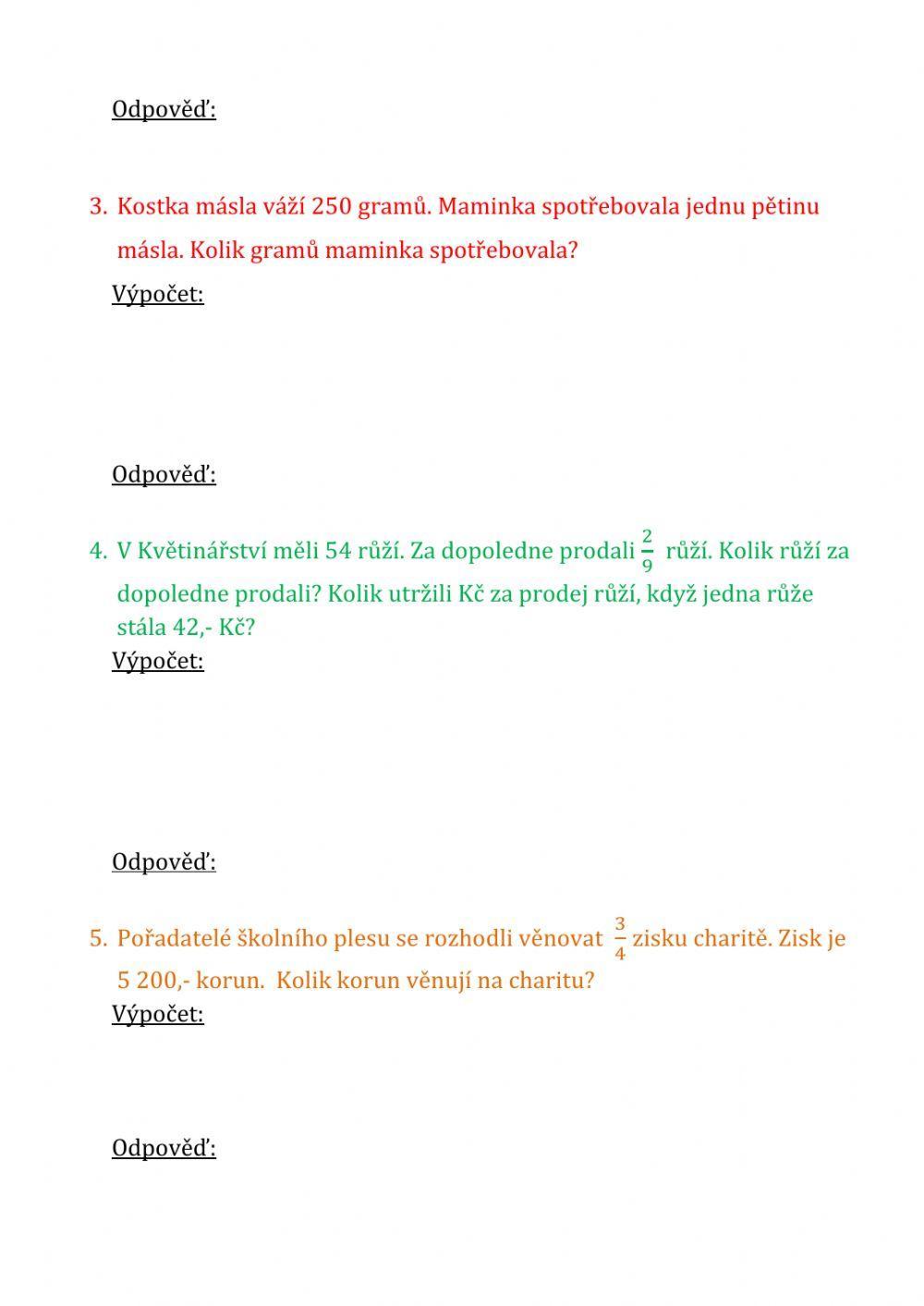 Zlomky - výpočet z části celku Zlomky - výpočet z části celku