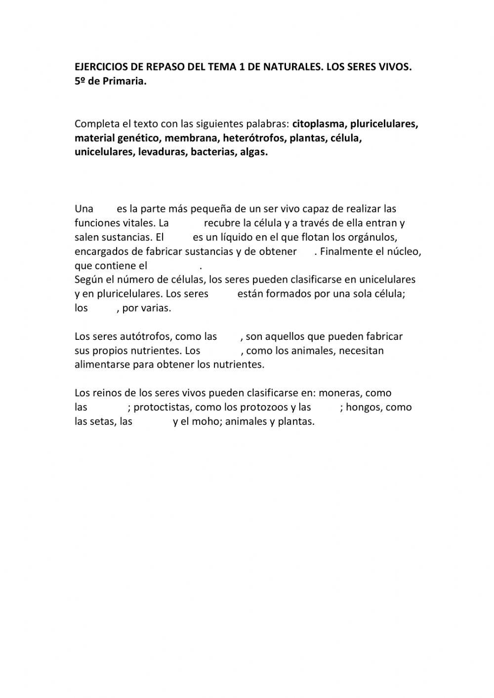 Los seres vivos. Repaso del tema 1.