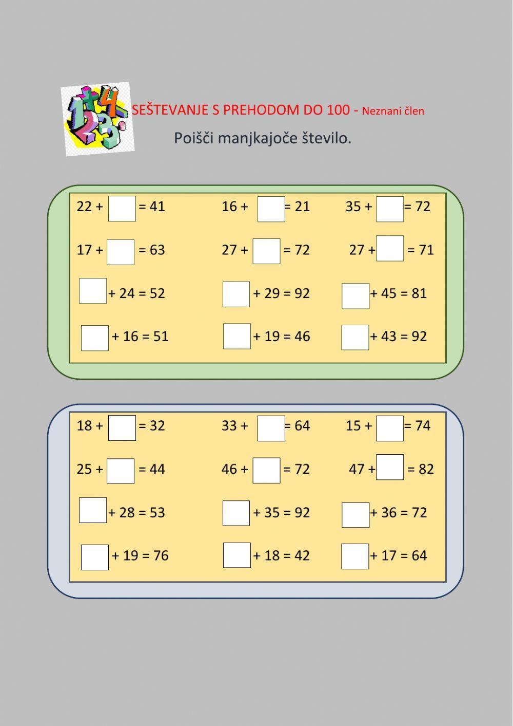 Seštevanje do 100-neznani člen