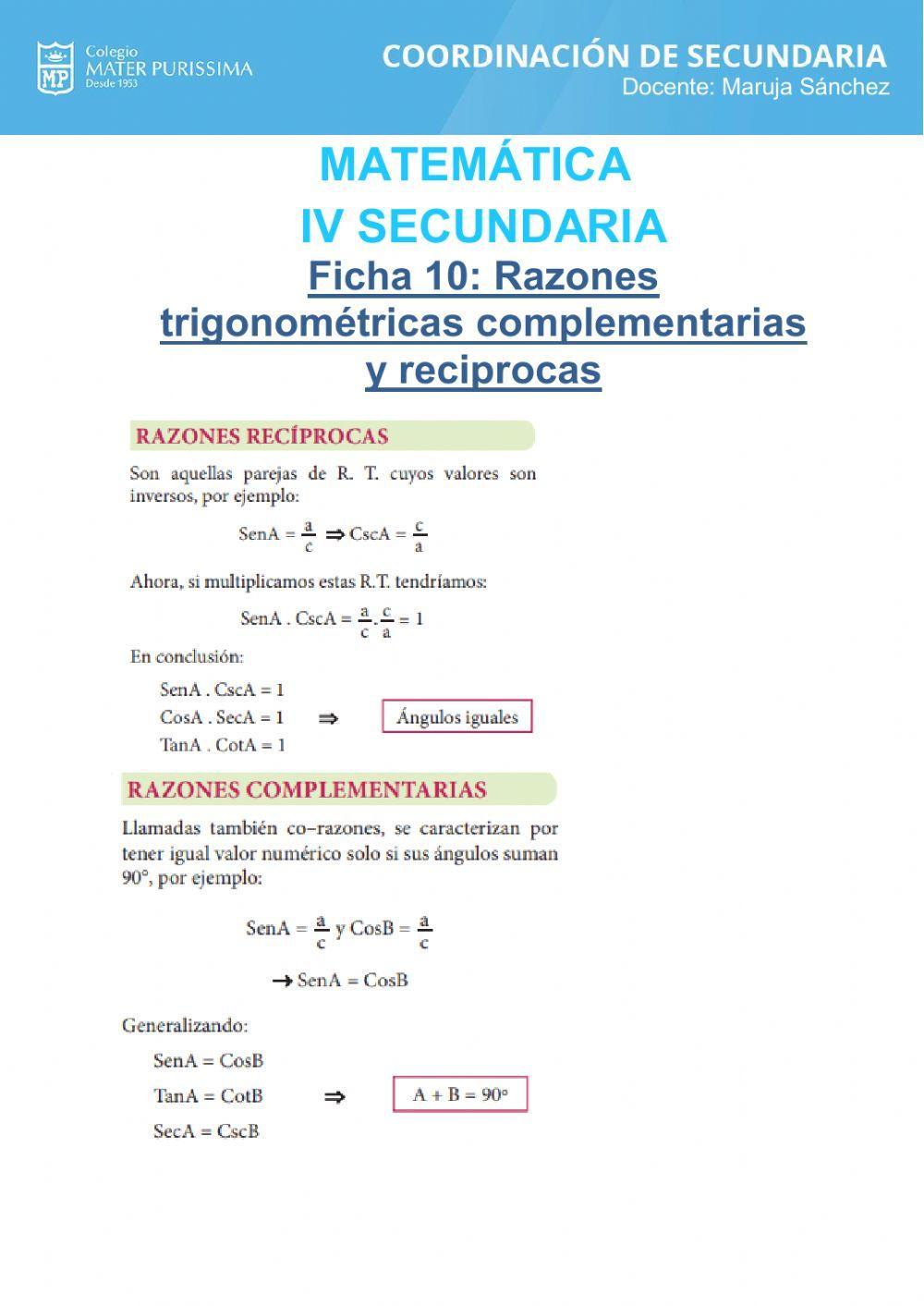 Razones trigonométricas complementarias y reciprocas