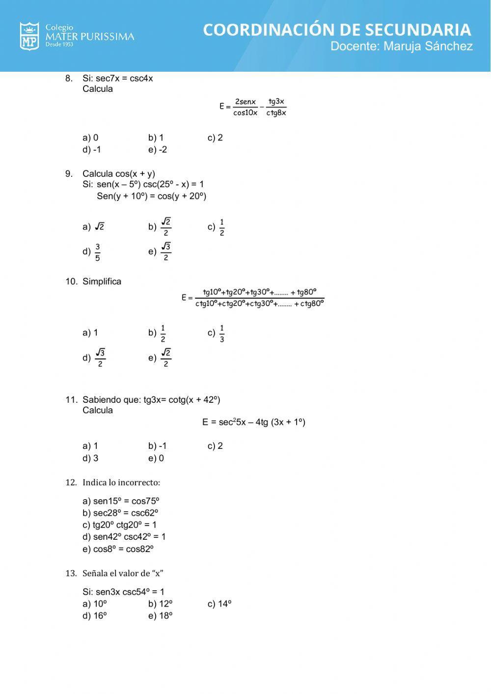 Razones trigonométricas complementarias y reciprocas
