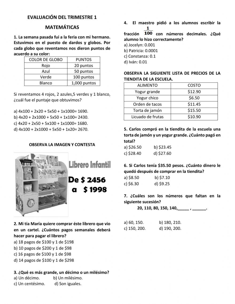Evaluación de matemáticas