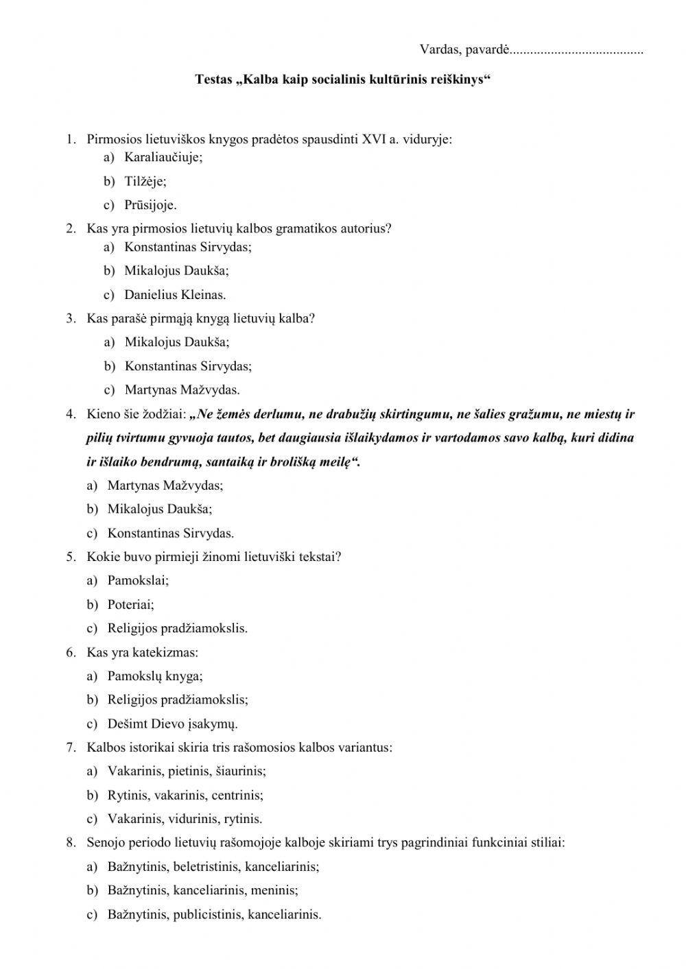 Testas iš skyriaus -Kalba kaip socialinis kultūrinis reiškinys-