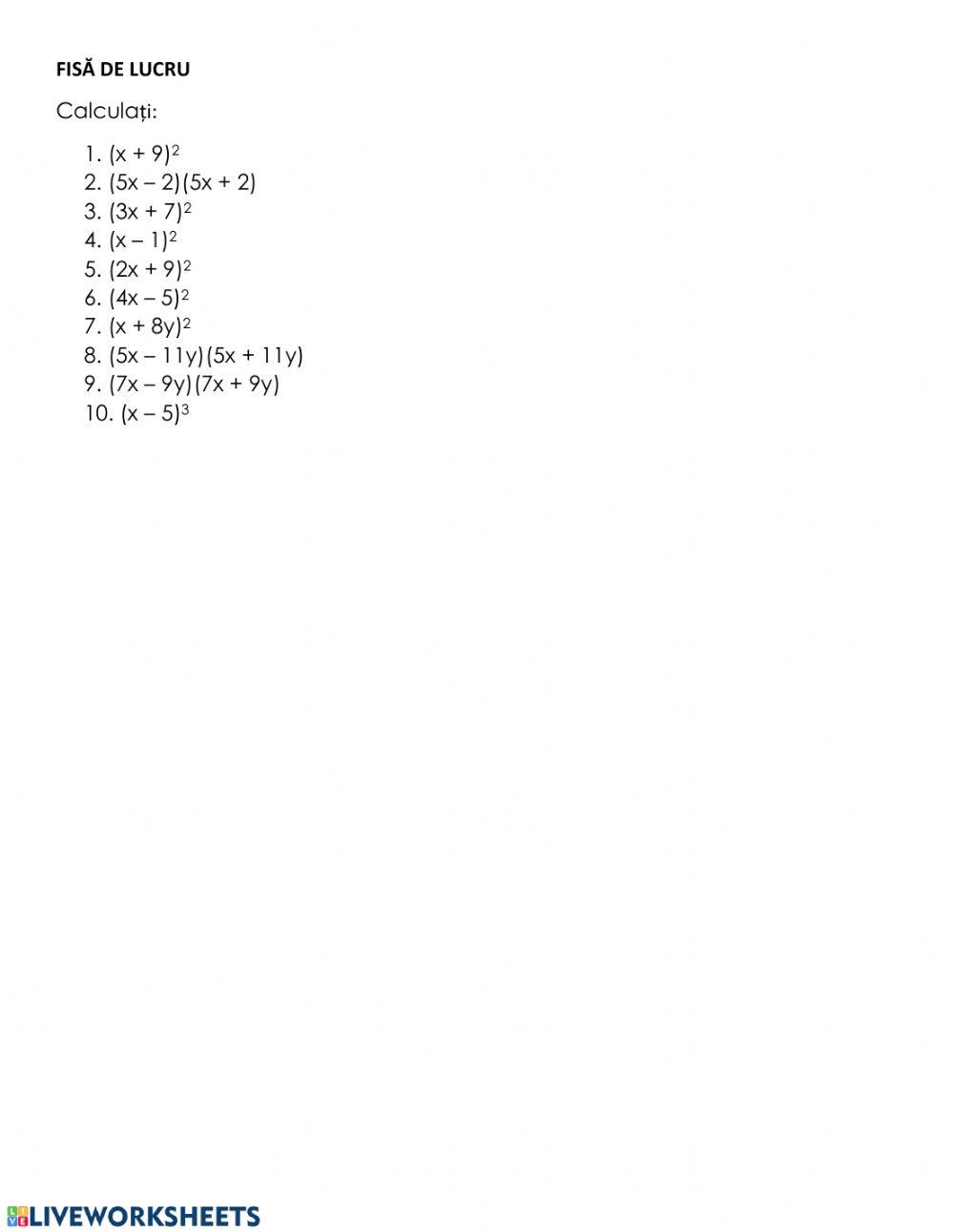 Calcul algebric - formule de calcul prescurtat