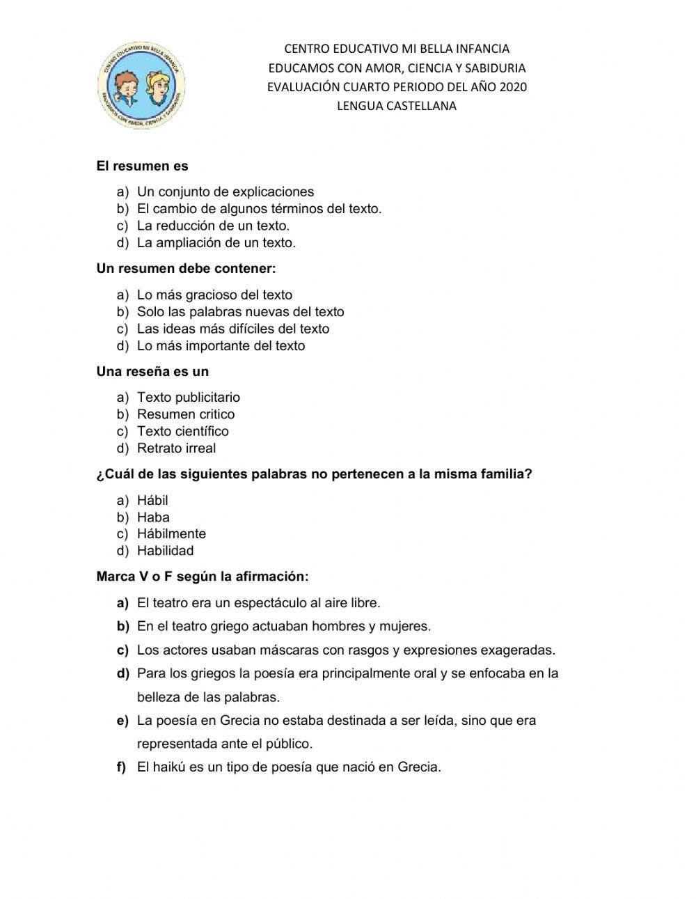 Evaluación Lengua Castellana