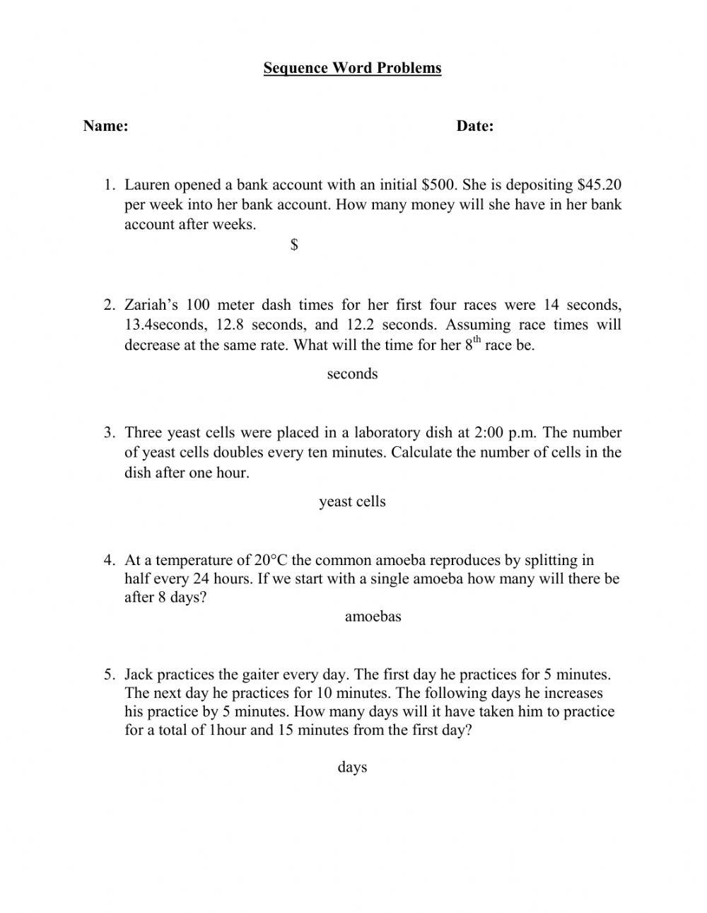 Sequence Word Problems worksheet | Live Worksheets