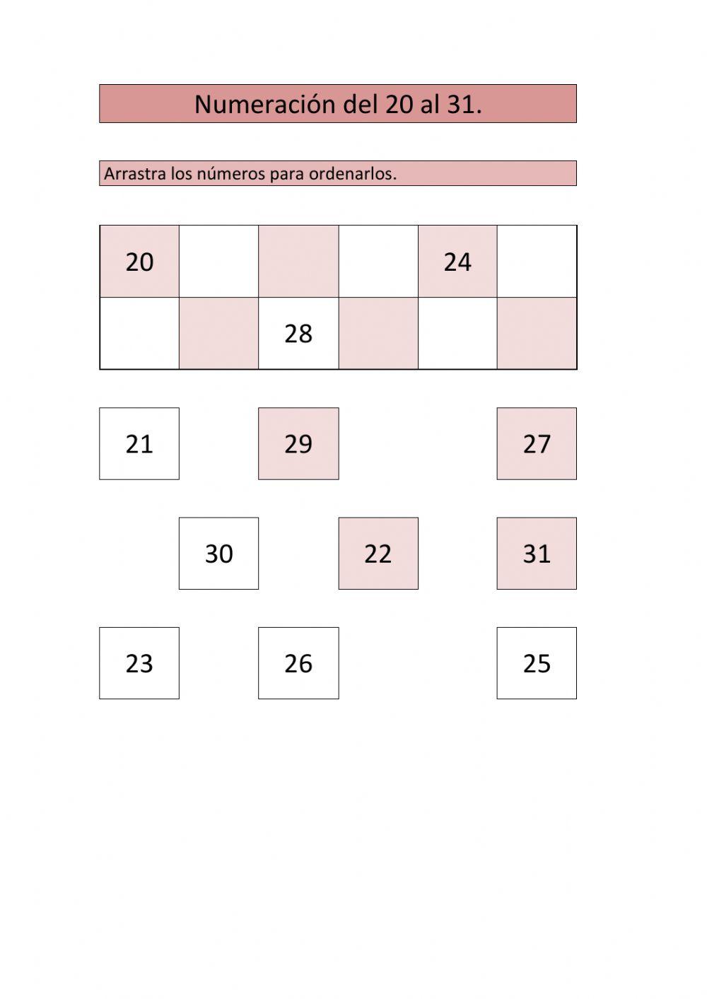 Numeración del 20 al 31