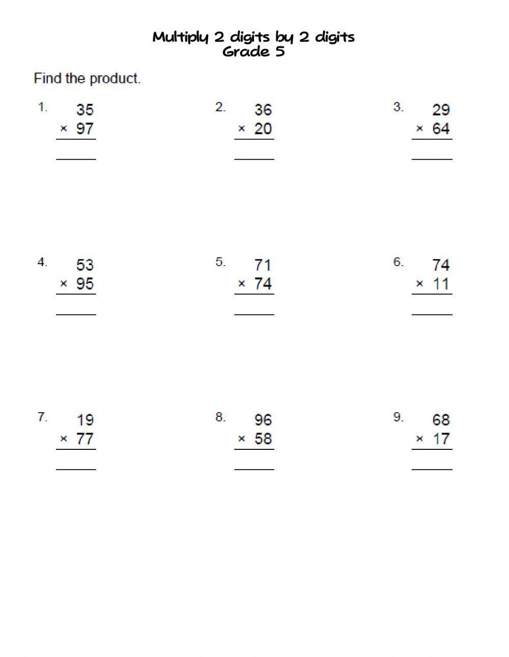 Multiply 2 digits by 2 digits grade 5