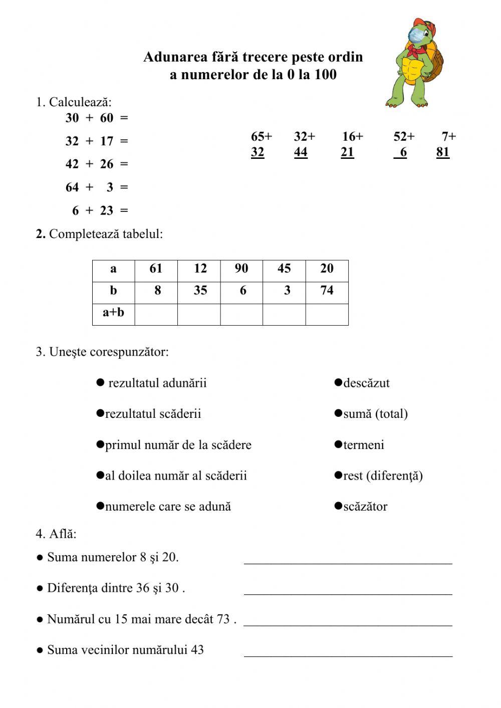 Adunarea numerelor fără trecere peste ordin 0-100