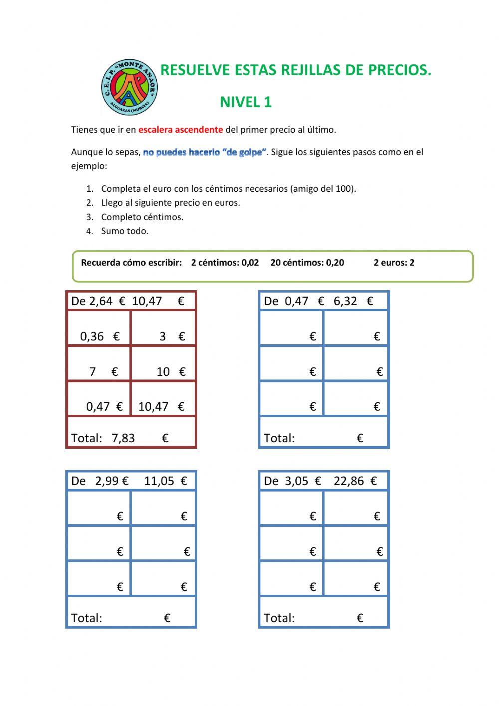 Escalera ascendente decimales con dinero