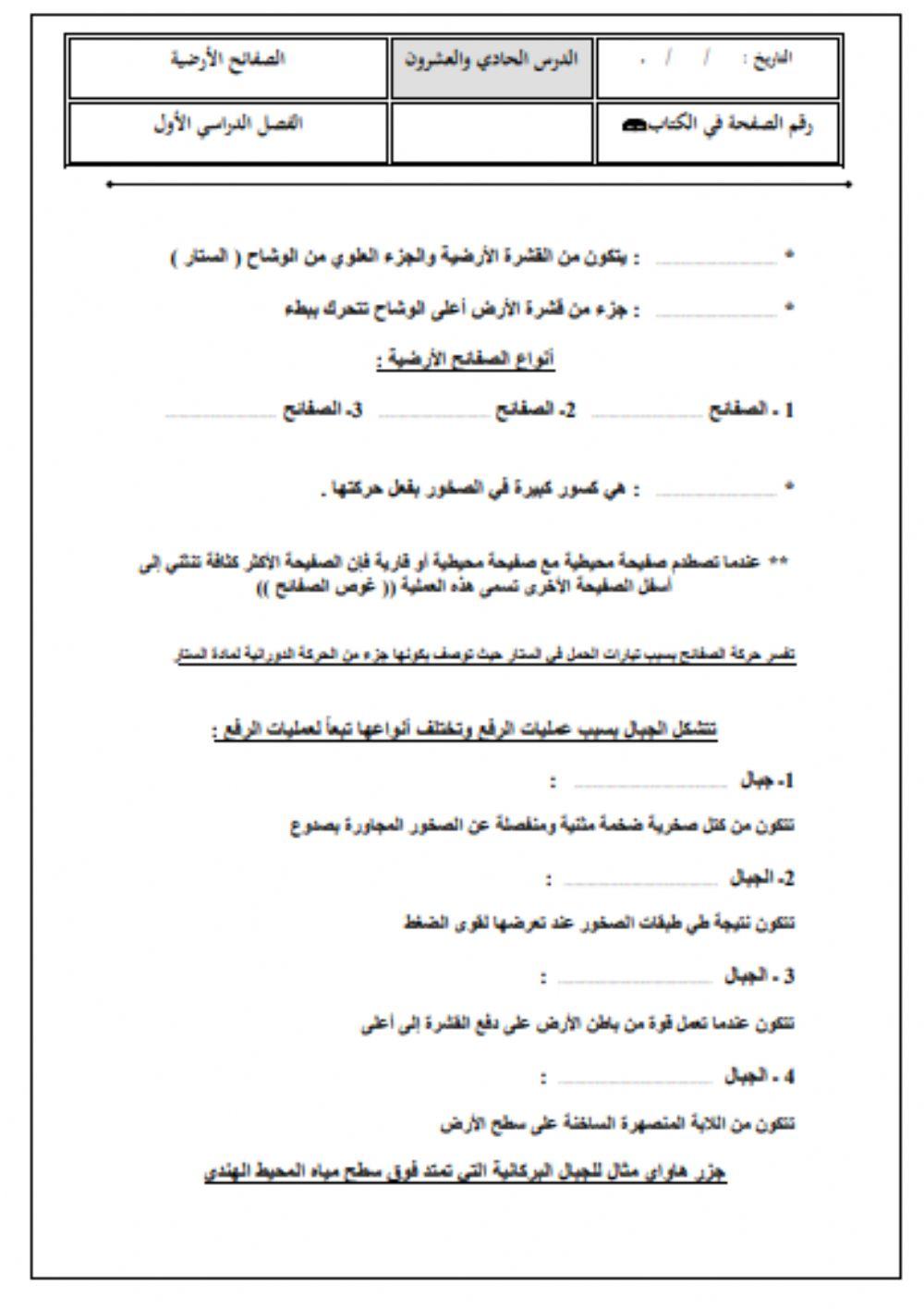 ورقة عمل صفائح الأرض