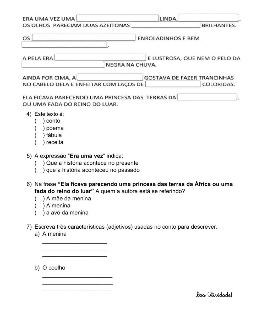 Atividade de Interpretação de texto Menina bonita do laço de fita