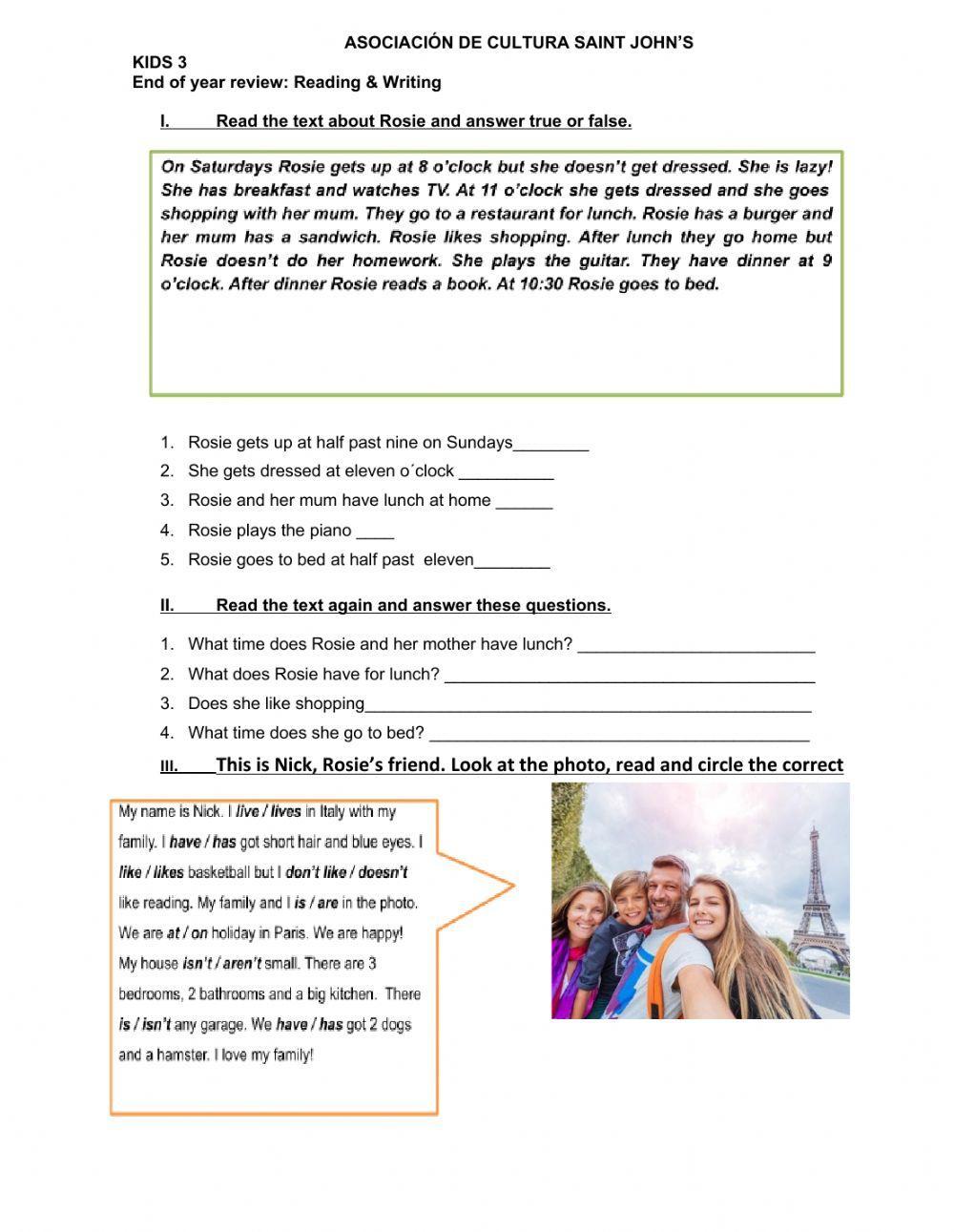 Revision Reading and Writing for the final exam - Kids 3 - ACCSJ's - Miss Julieta