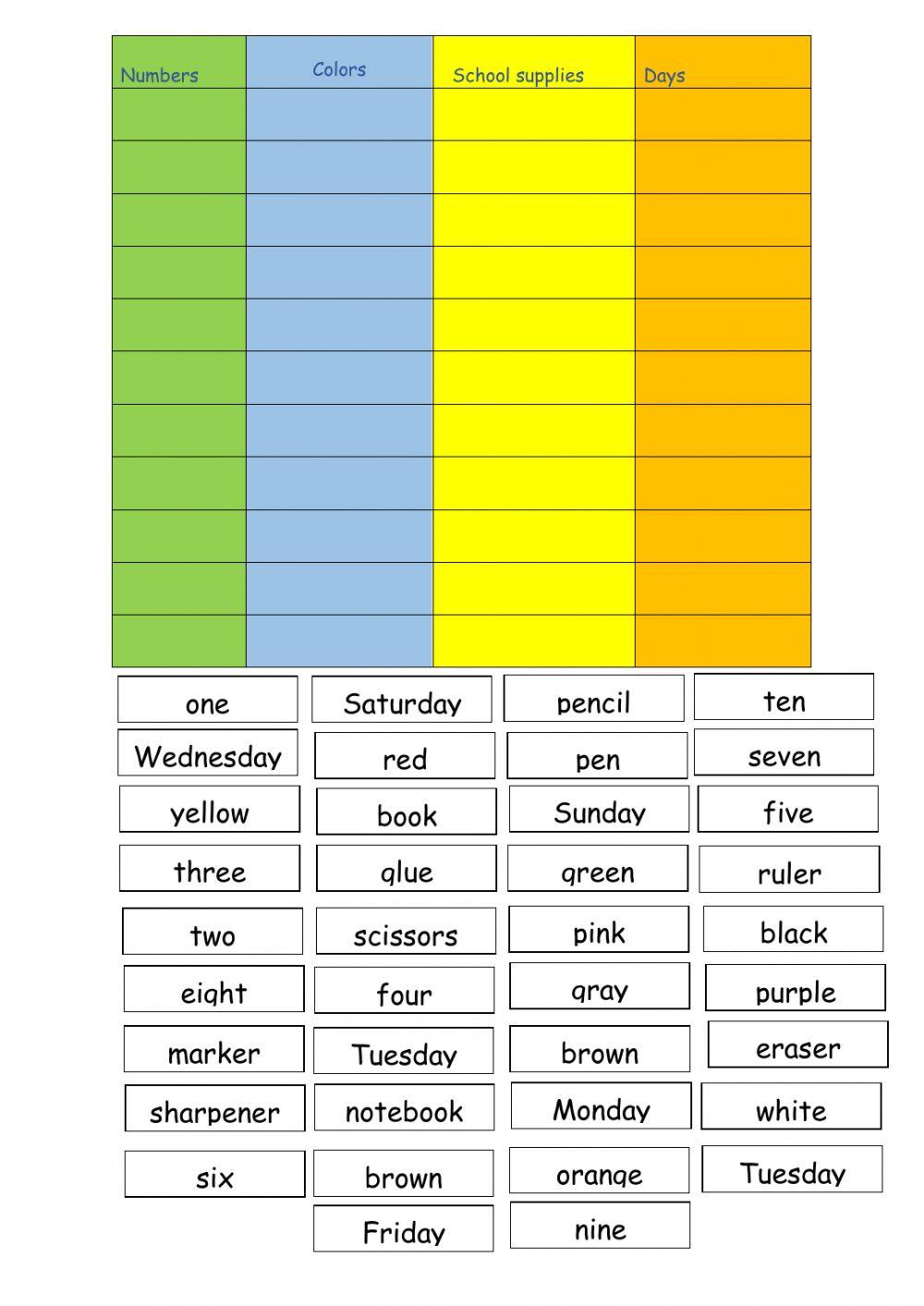 Numbers, colors, school supplies, days