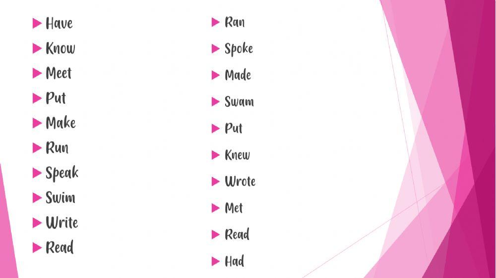 Matching irregular verbs in simple past