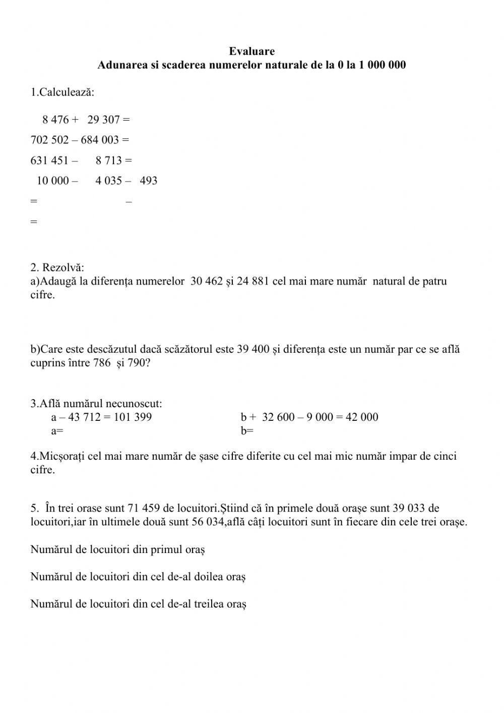 Adunarea si scaderea numerelor 0-1 000 000