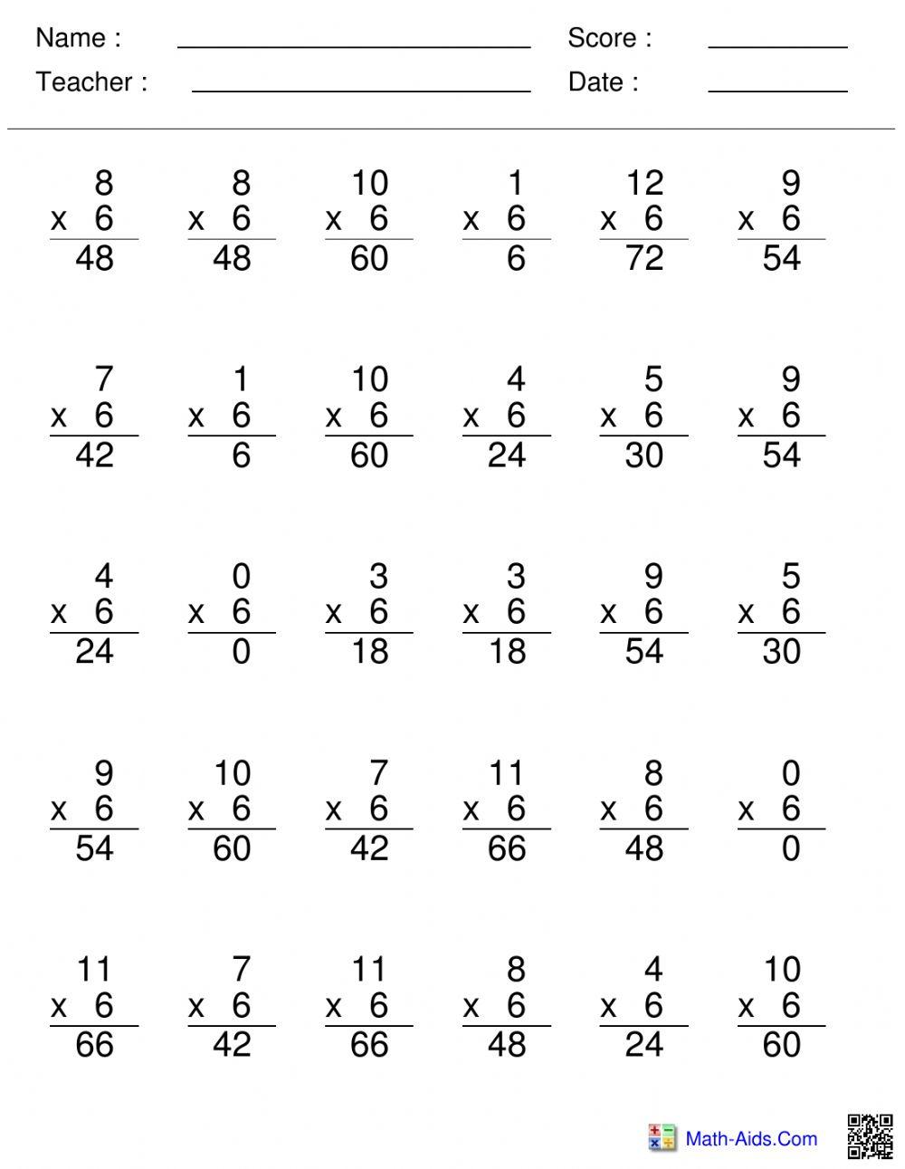 Multiplication 6s 30 problems online exercise for Live Worksheets