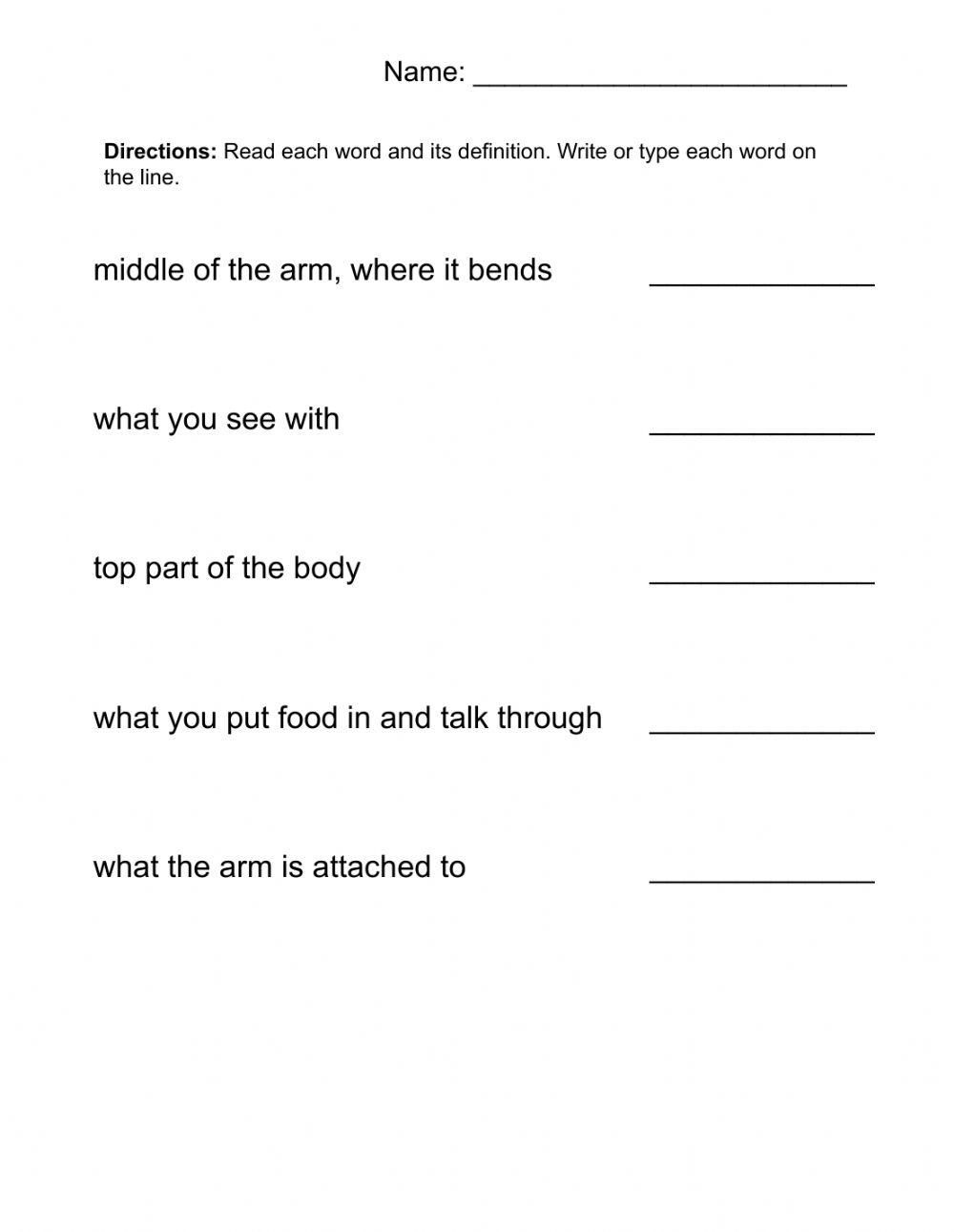 ELA Body Words 1: Write and Definition