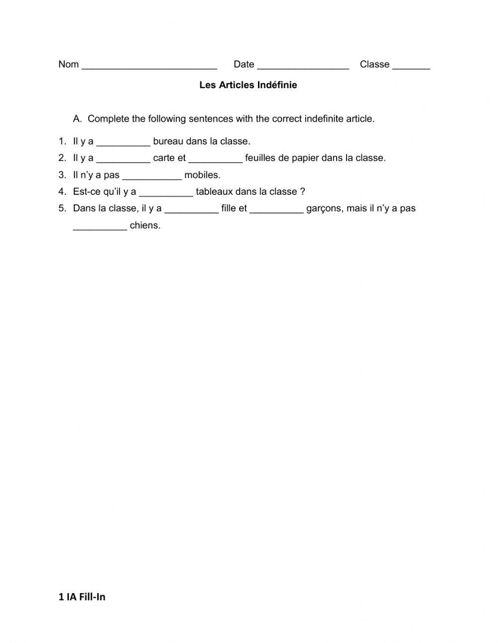 Les Articles Indéfinie