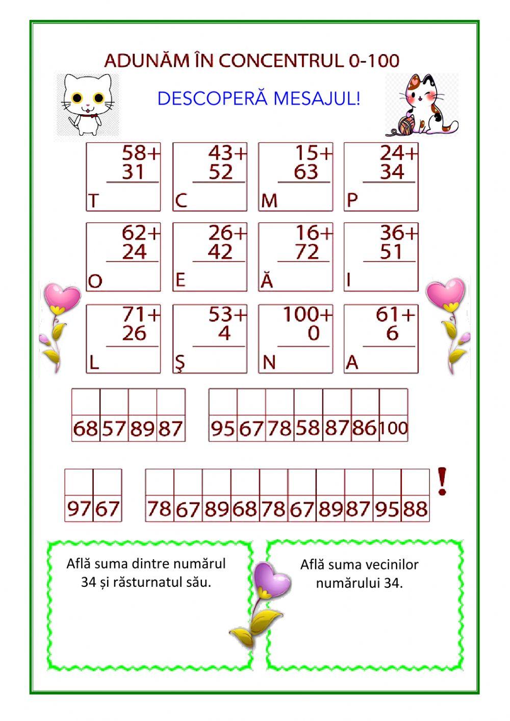 Adunarea numerelor 100 fără trecere peste ordin