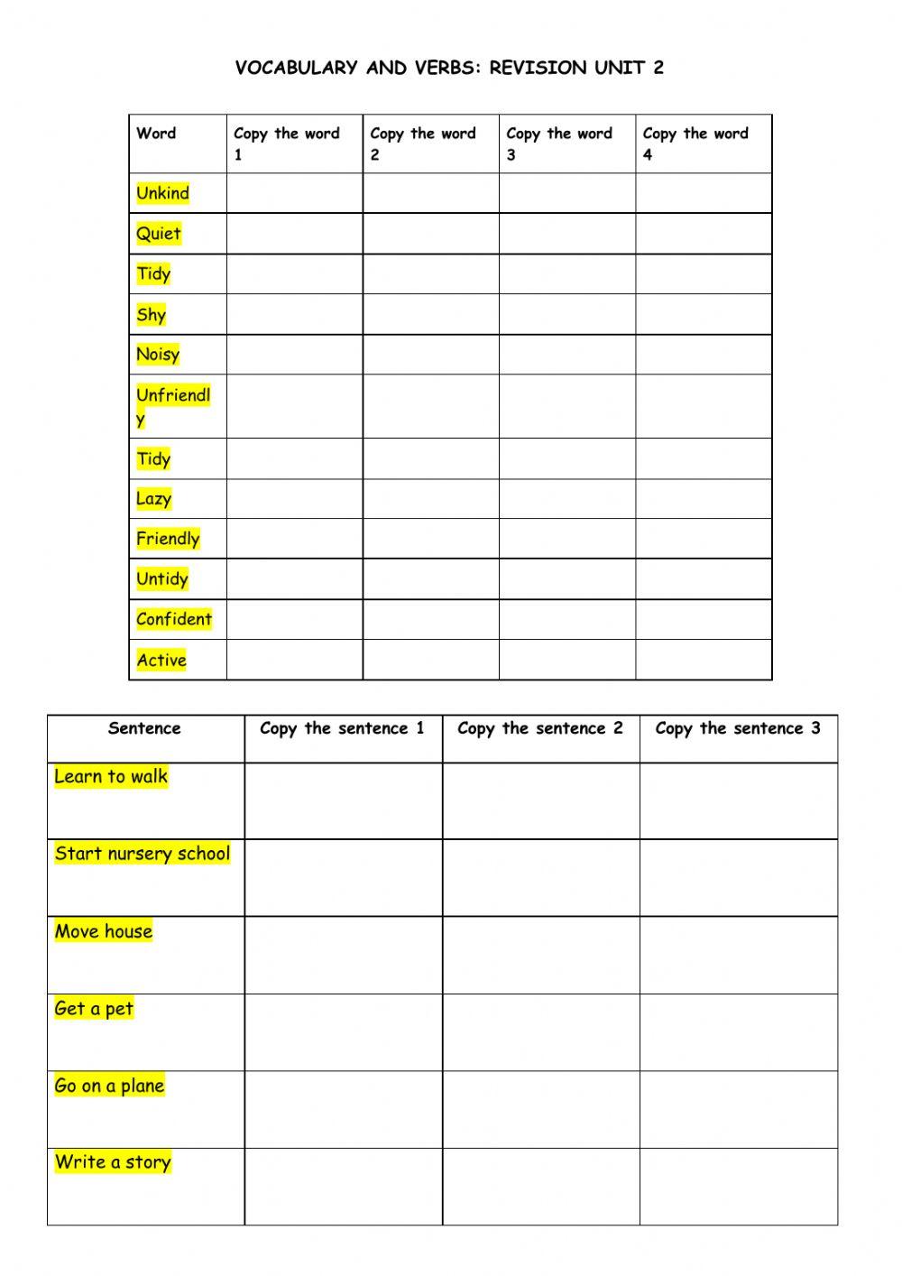 Vocabulary and verbs: Revision unit 2