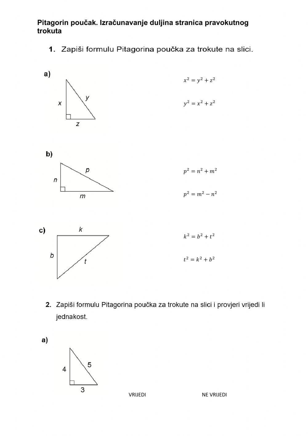 Listić - Pitagorin poučak. Izračunavanje duljina stranica pravokutnog trokuta PP
