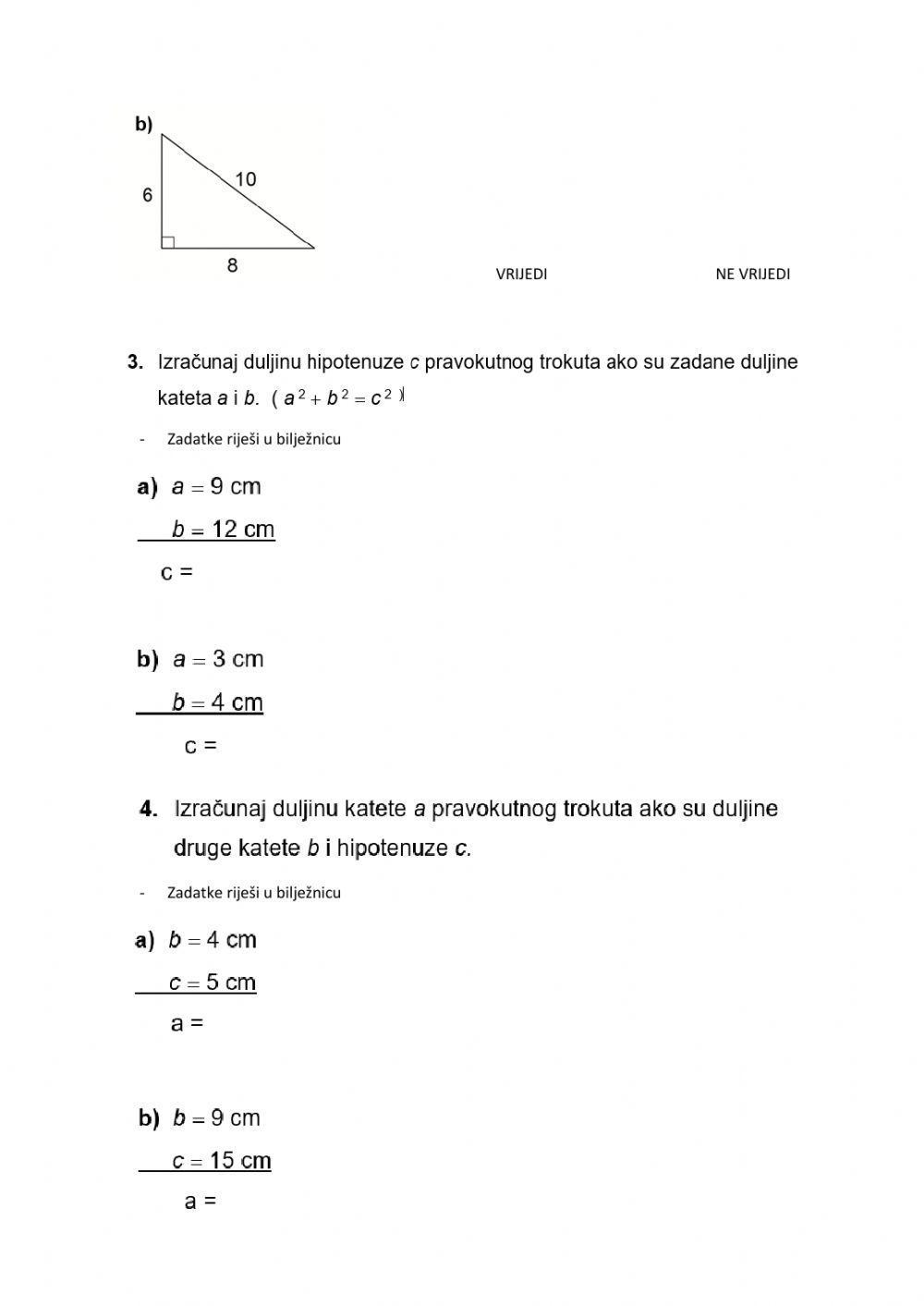 Listić - Pitagorin poučak. Izračunavanje duljina stranica pravokutnog trokuta PP