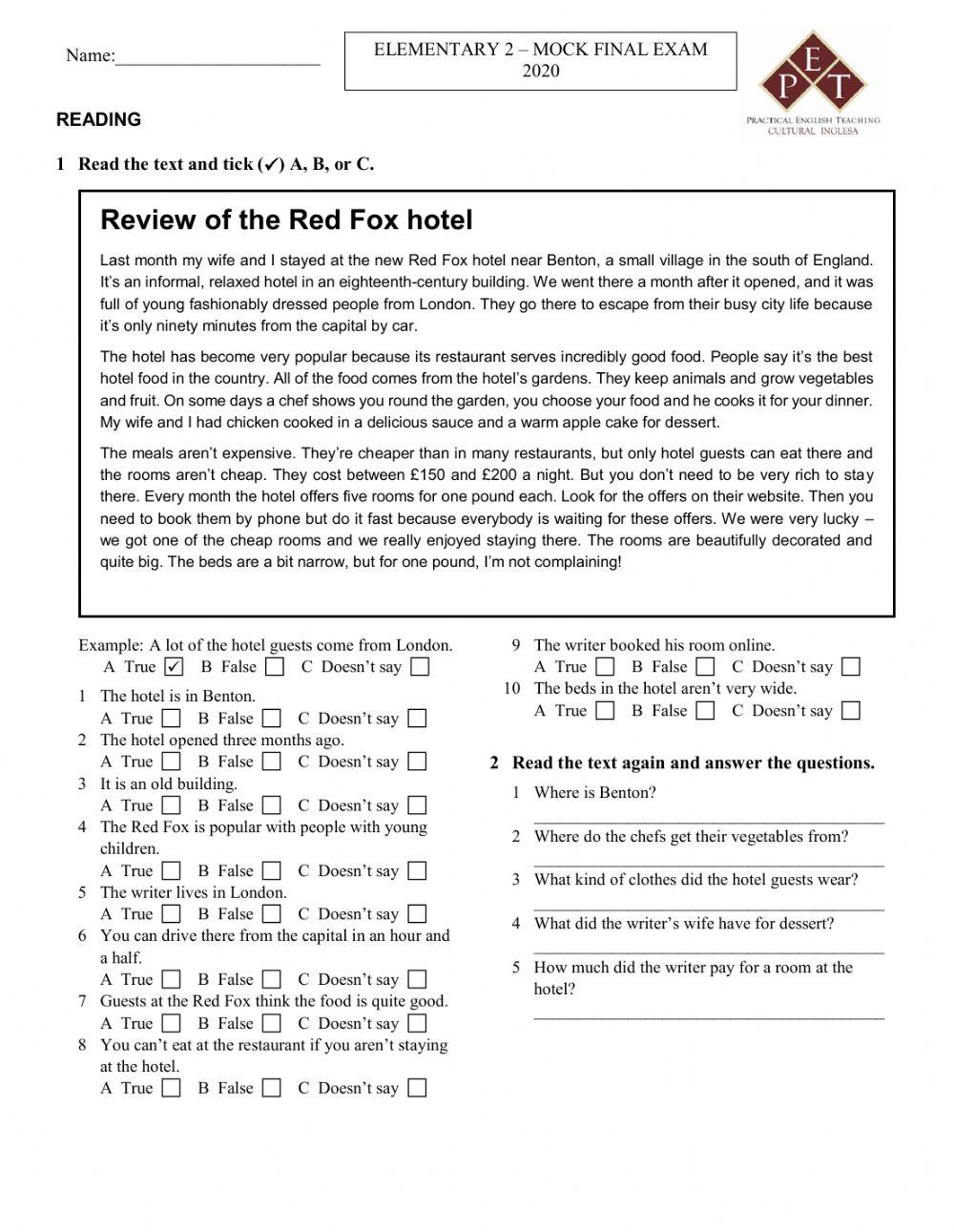 Mock Final Exam Elementary 2