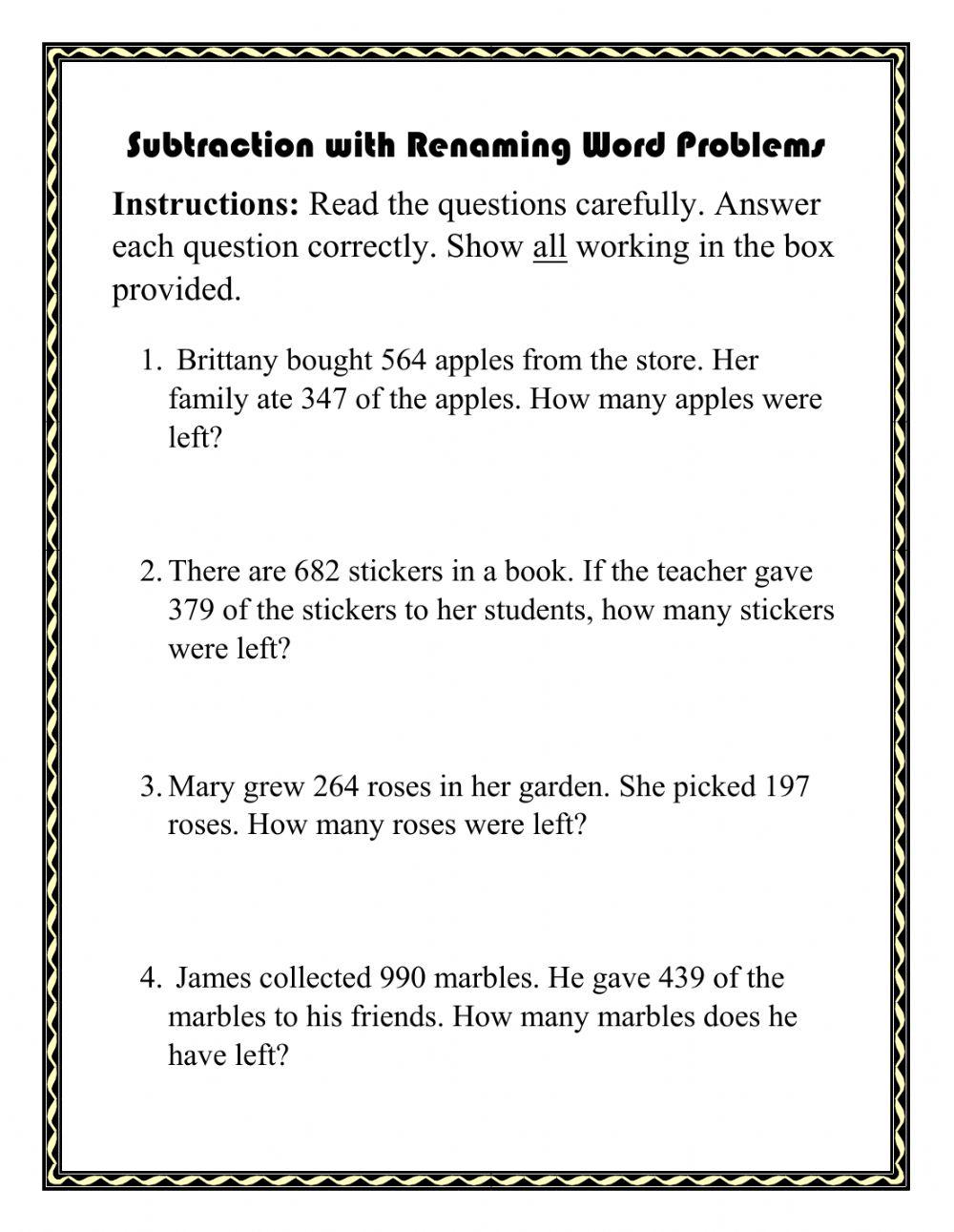 3 Digit Subtraction with Renaming Word Problems