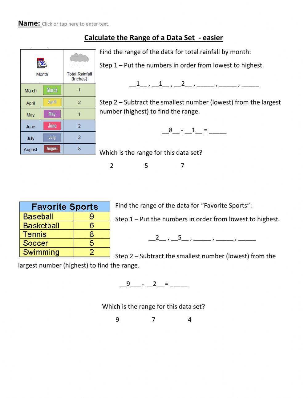 Calculate range for set of data - easier worksheet | Live Worksheets