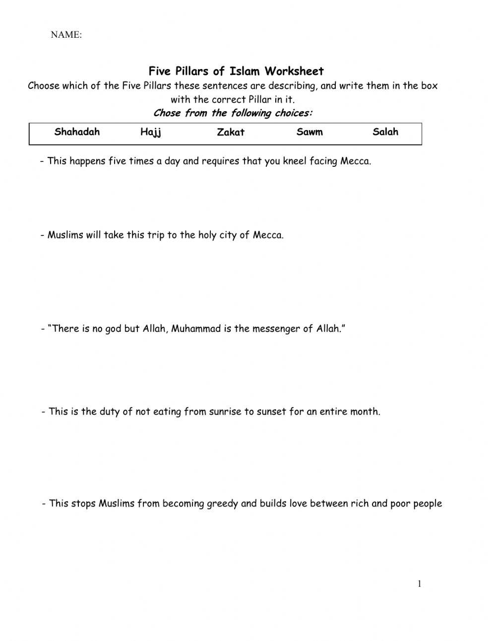 The Five Pillars of Islam worksheet Live Worksheets