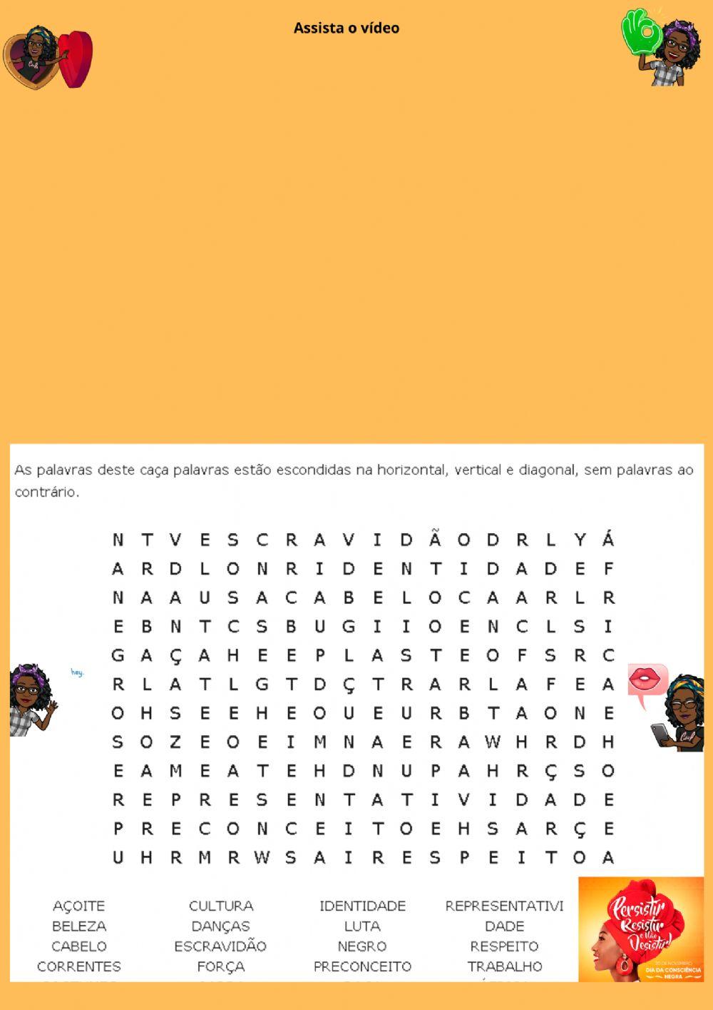 Vídeo e caça palavra consciência negra