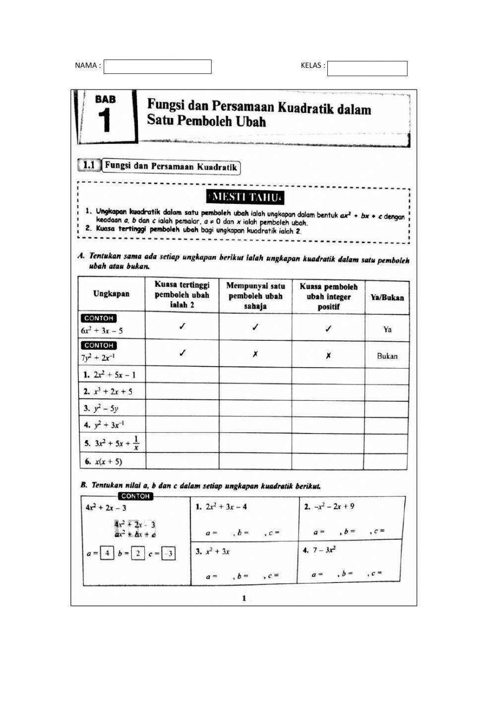 F4 BAB 1 FUNGSI DAN PERSAMAAN KUADRATIK DALAM SATU PEMBOLEHUBAH