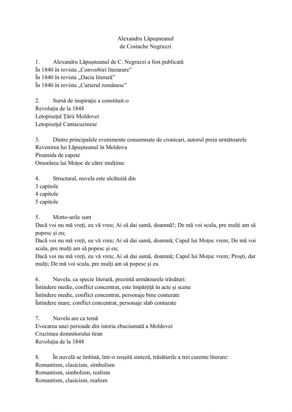 Alexandru Lăpușneanul - test grilă