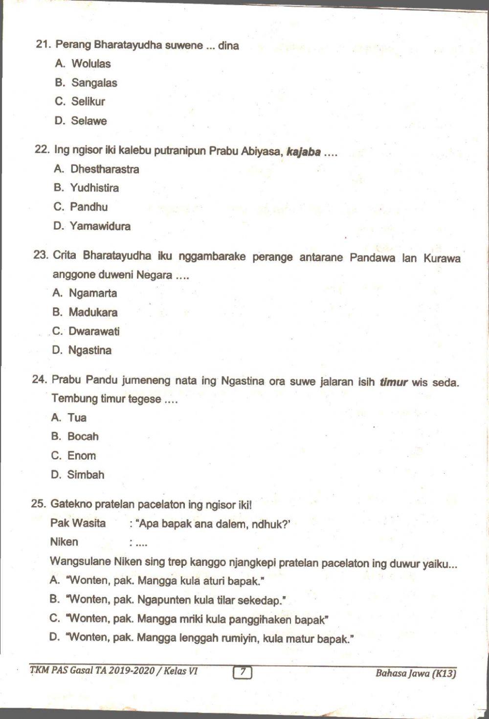 Latihan soal TKM Bahasa Jawa