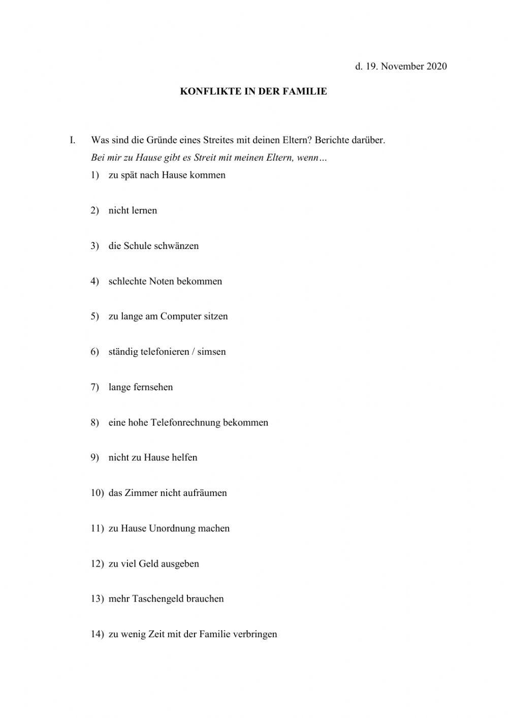 Konflikte in der Familie-Sätze mit -wenn-