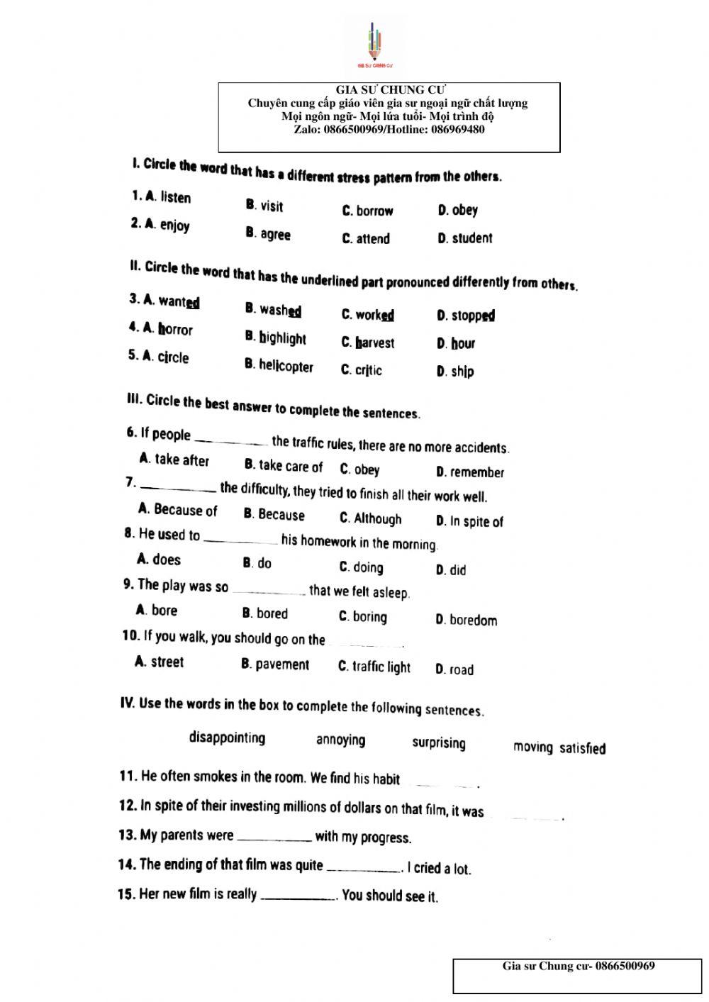 Lớp 7- Kiểm tra 15' Unit 7,8,9