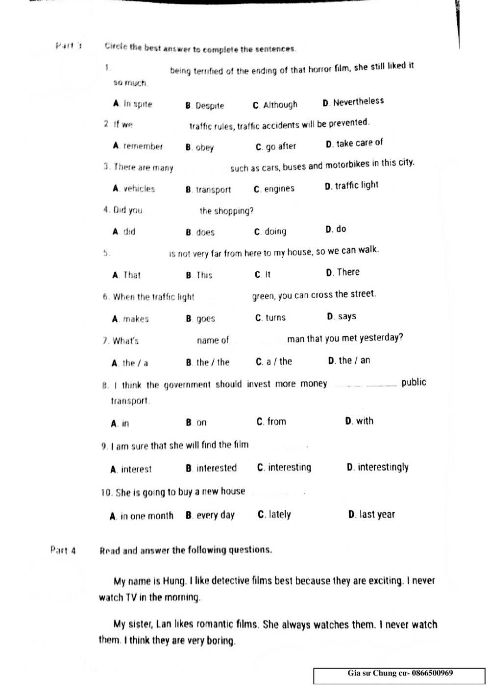 Lớp 7 -Kiểm tra 45' Unit 7,8,9