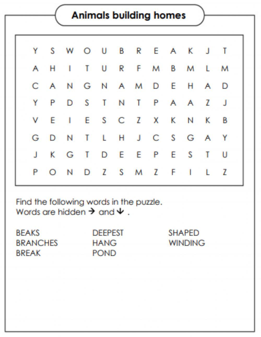 Animals Building Homes Word Search