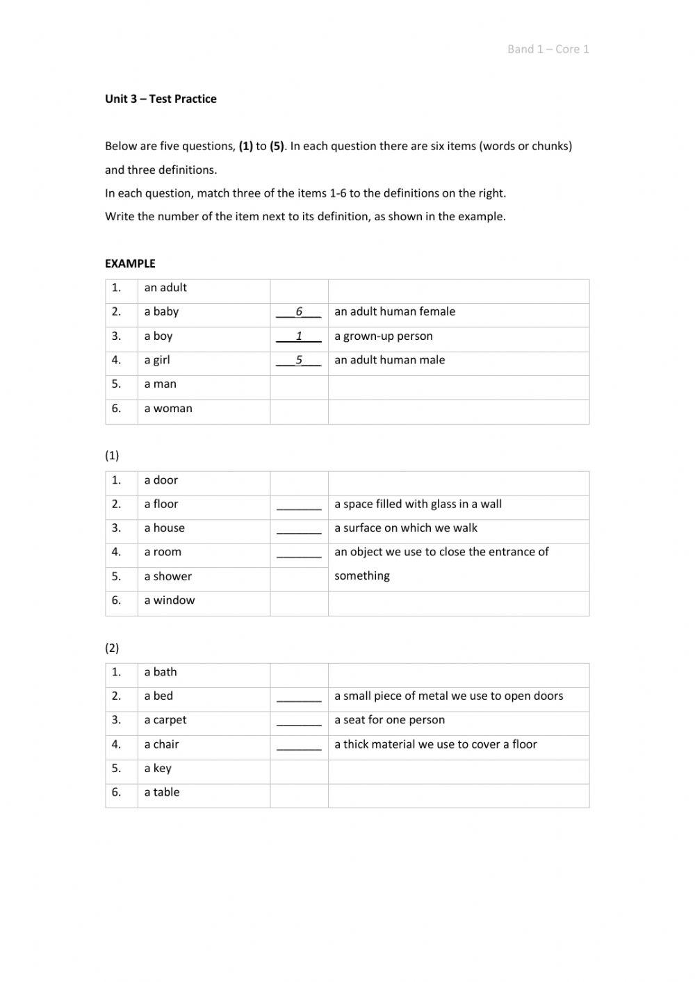 Band 1 (Core 1) - Unit 3 - Test