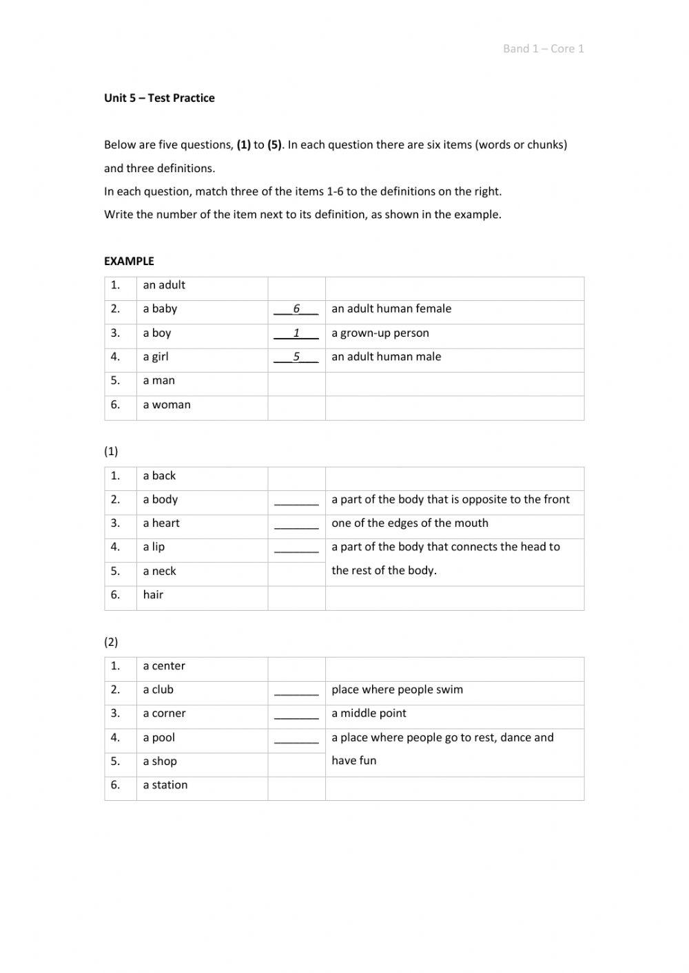 Band 1 (Core 1) - Unit 5 - Test